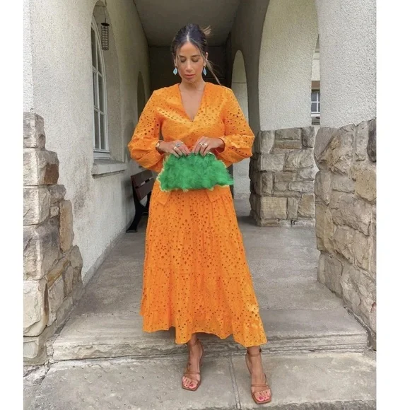 zara orange embroidered dress ZARA Burnt Orange Long Embroidered Dress Size XXL